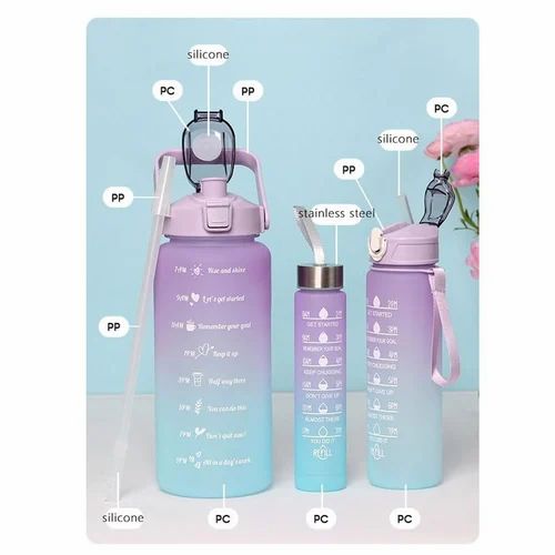 Sports Water Bottles 3 Pcs Set With Motivational Time Marker & Leak Proof Flip Top Lid (random Color)