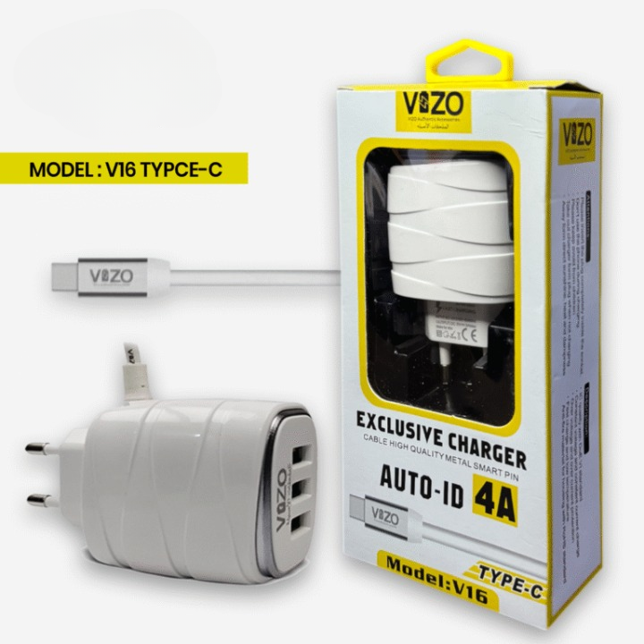 Vizo V16-type-c – 4a Smart Fast Charger (3 Usb Ports + Built-in Type-c Cable)