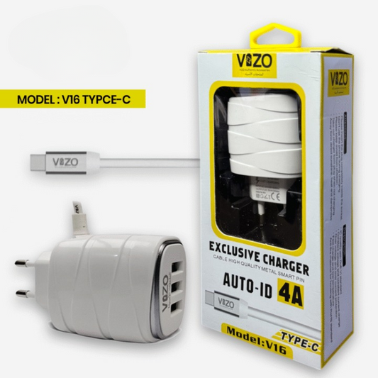 Vizo V16-type-c – 4a Smart Fast Charger (3 Usb Ports + Built-in Type-c Cable)