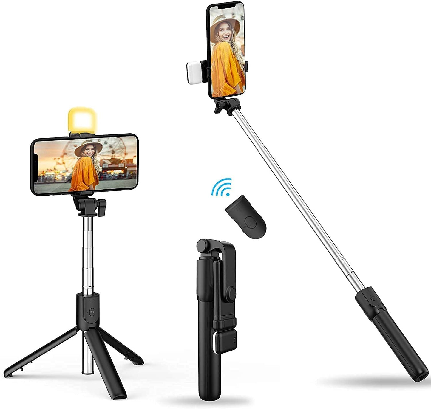 Selfie Stick Tripod R1s Bluetooth Remote Control Tripod - With Wireless Remote Shutter & Light