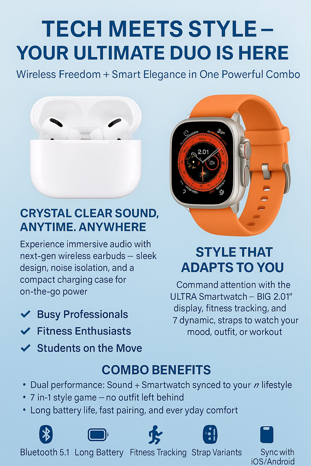 Airpods Pro 2 + Ultra 7-in-1 Smartwatch Combo | Premium Sound & Style Deal